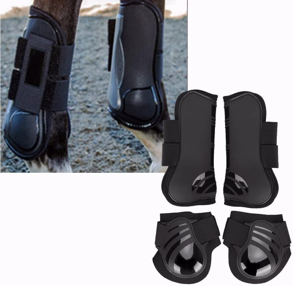 4Pcs Horse Leg Protector Elastic PU Horse Front Hind Leg Boots Horse Riding Tendon Fetlock Boots Shock Absorbing Show Competition Leg Protection(L-Black)