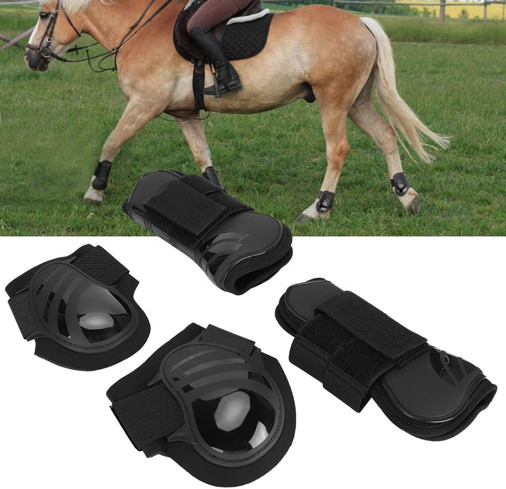 4Pcs Horse Leg Protector Elastic PU Horse Front Hind Leg Boots Horse Riding Tendon Fetlock Boots Shock Absorbing Show Competition Leg Protection(L-Black)