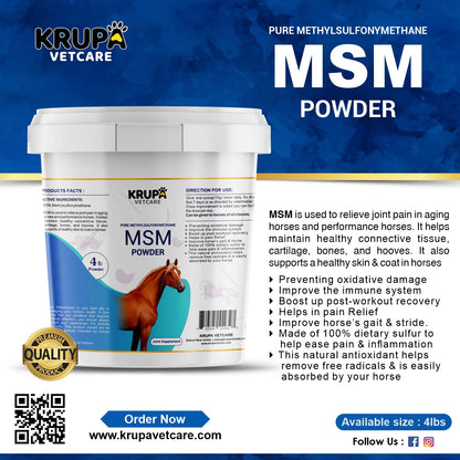 MSM Powder (Methylsulfonylmethane) for Horses, Joint Support, Pain Relief, Immune Support, Natural Antioxidant, Post-Workout Recovery Powder, Dietary Sulpher (4 LB)