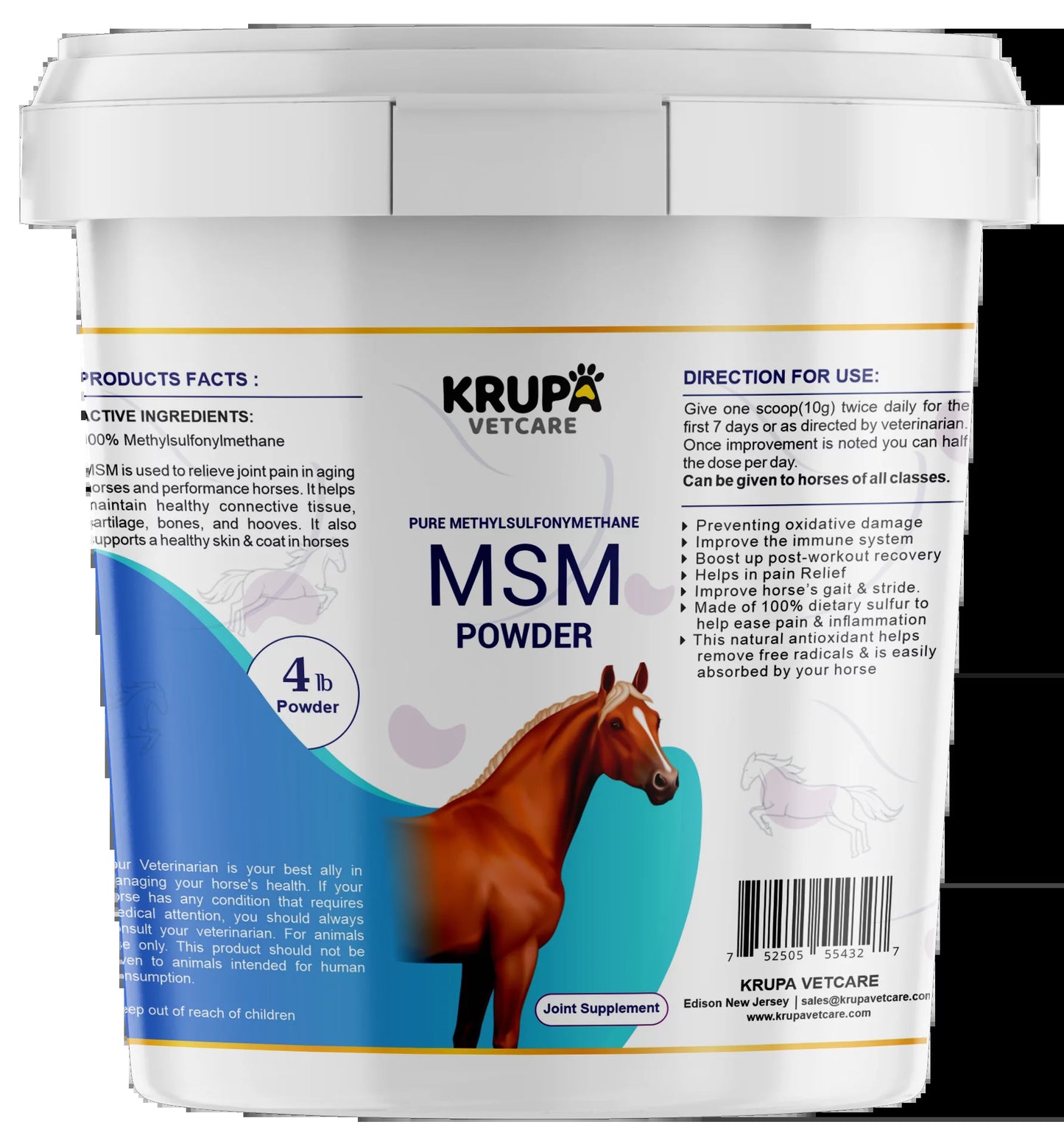 MSM Powder (Methylsulfonylmethane) for Horses, Joint Support, Pain Relief, Immune Support, Natural Antioxidant, Post-Workout Recovery Powder, Dietary Sulpher (4 LB)